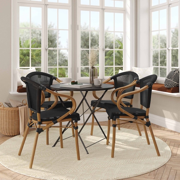 Flash Furniture Marseille French Bistro Stacking Chair w/Arms, Black Textilene and Bamboo Print Aluminum Frame, 4PK 4-SDA-ADS642108-BK-NAT-GG - main